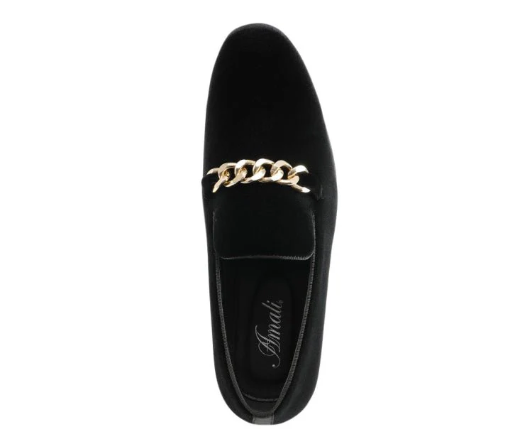 Amali Fay Black Men’s Velvet Slippers With Gold Chain - Image 3