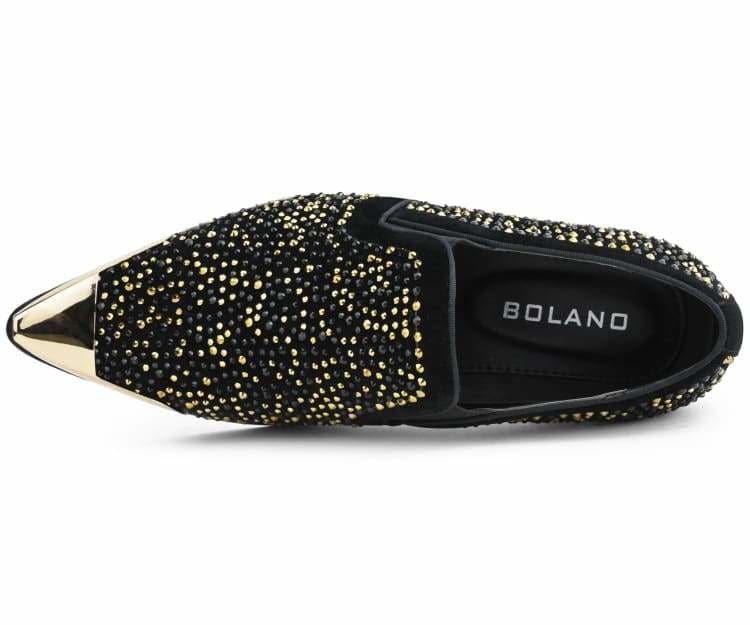 Bolano Desta Black/Gold Men's Rhinestone Loafers With Metal Tip - Image 4