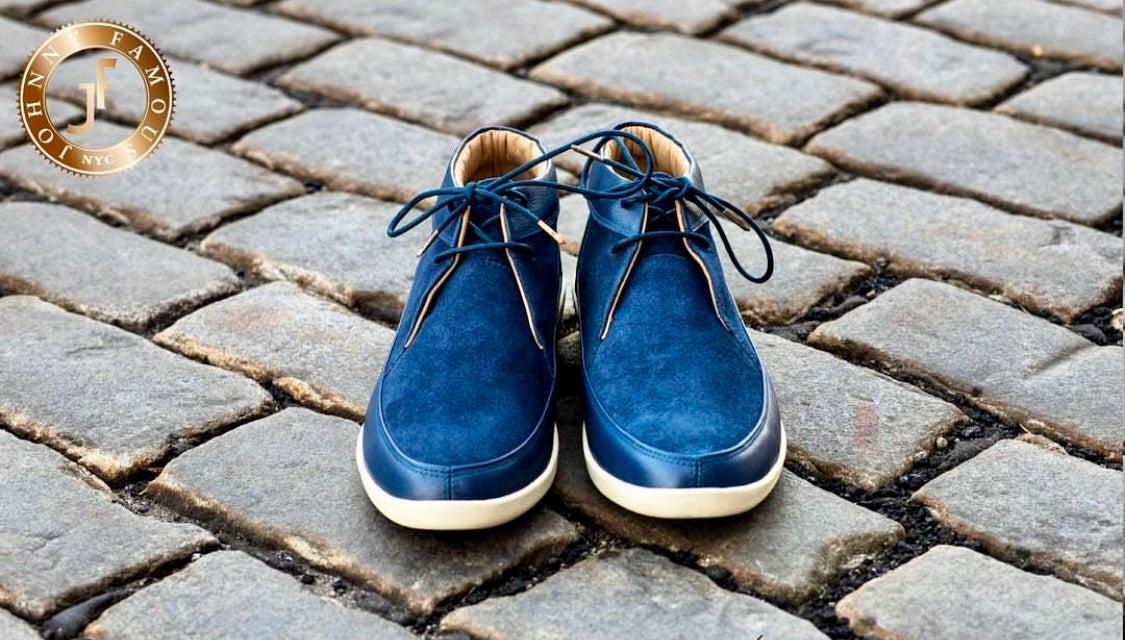 Johnny Famous Bally Style Central Park Men’s High Tops – Navy Blue Suede and Leather – Vintage 80s Vibe - Image 5